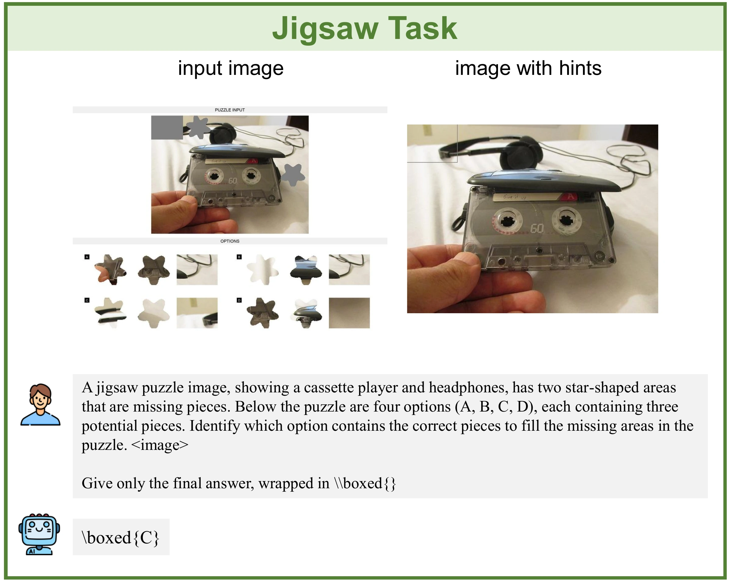 Paper example of an incomplete cassette-player image and the completed hint.